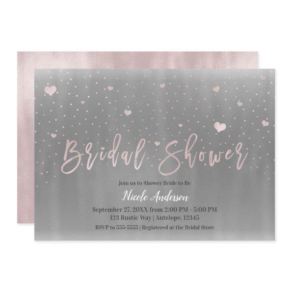 Modern Glam Bridal Shower Silver Grey Pink Hearts Invitations