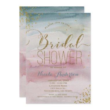 Modern Glam Watercolor Gold Confetti BRIDAL SHOWER Invitations