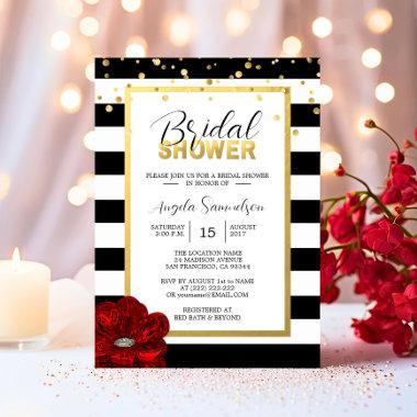 Modern Gold Black White RED Rose Bridal Shower Invitations