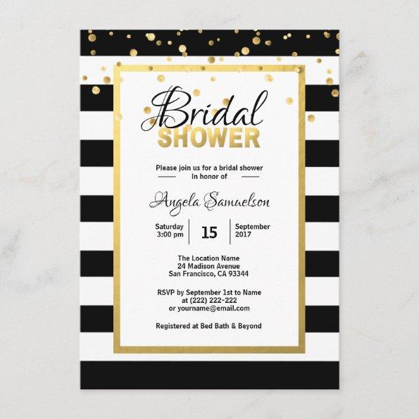 Modern Gold Black White Stripes Bridal Shower Invitations