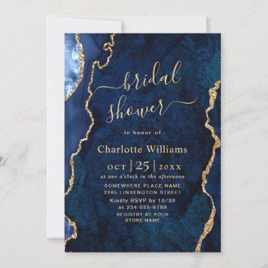 Modern Gold Blue Marble Agate Bridal Brunch Invitations