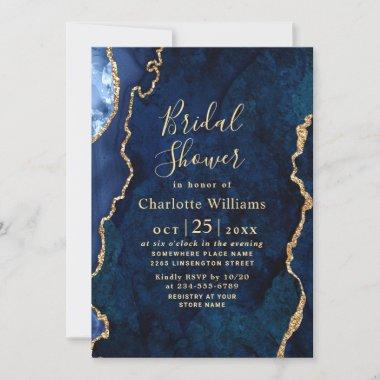 Modern Gold Blue Marble Agate Bridal Shower Invitations