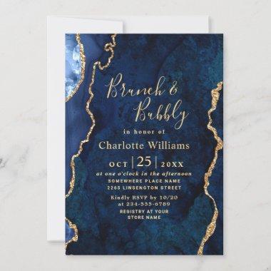 Modern Gold Blue Marble Agate Brunch & Bubbly Invitations