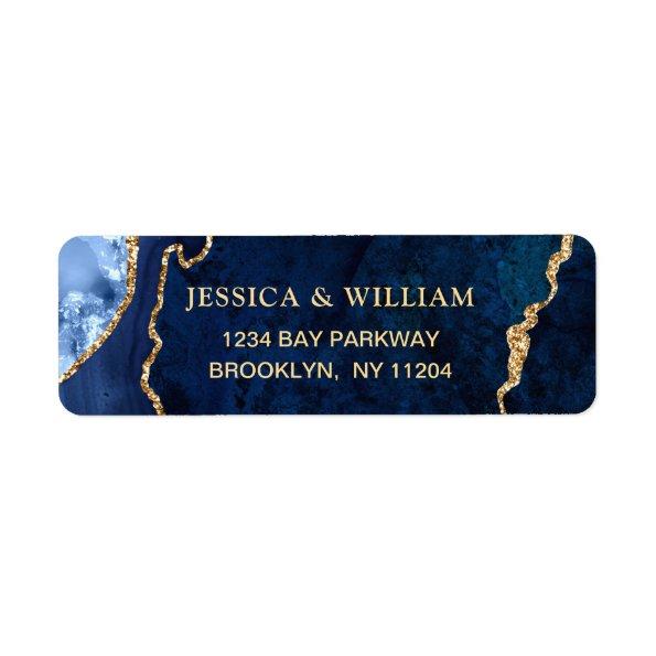 Modern Gold Blue Marble Agate Return Address Label