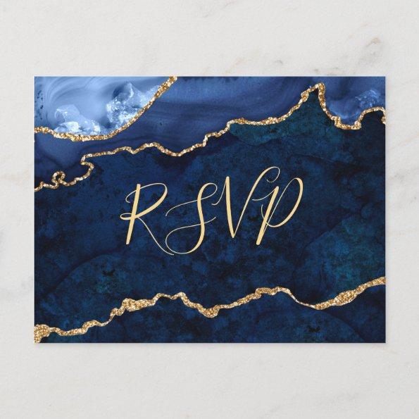 Modern Gold Blue Marble Agate Wedding RSVP Invitation PostInvitations
