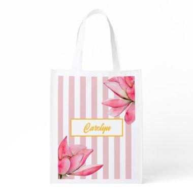 Modern Gold Floral Pink Lotus Bridesmaid Grocery Bag