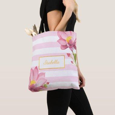 Modern Gold Floral Pink Lotus Bridesmaid Tote Bag