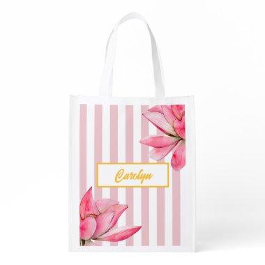 Modern Gold Floral Pink Lotus Elegant Wedding Part Grocery Bag
