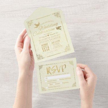 Modern Gold Foil Script Floral Frame Wedding RSVP All In One Invitations