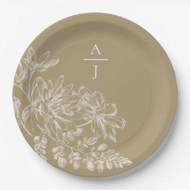 Modern Gold Monogram Floral Paper Plate