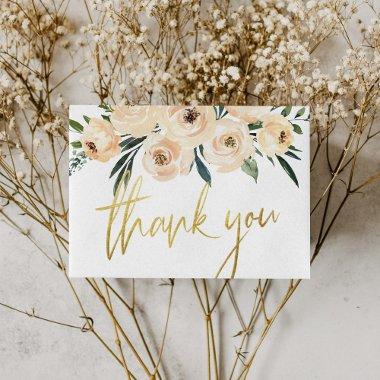 Modern Gold Script Blush Flowers Thank You