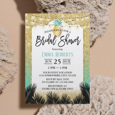 Modern Gold Teal Glitter Pineapple Bridal Shower Invitations