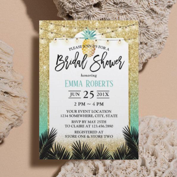 Modern Gold Teal Glitter Pineapple Bridal Shower Invitations