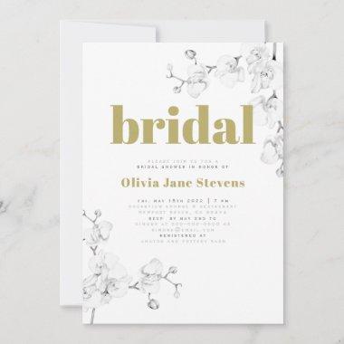 Modern Gold Typography Orchid Floral Bridal Shower Invitations