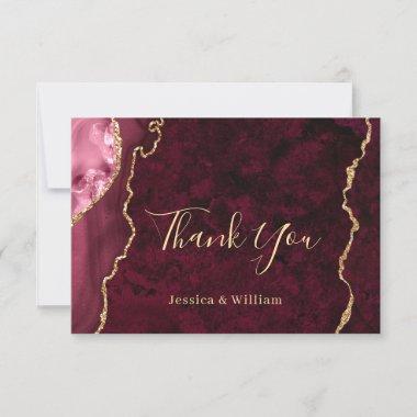 Modern Golden Burgundy Marble Agate Thank You Invitations