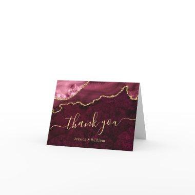 Modern Golden Burgundy Marble Agate Thank You Invitations