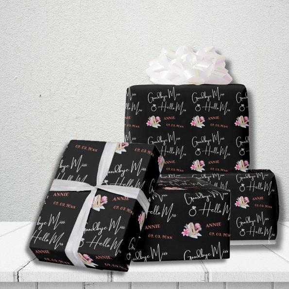 Modern Goodbye Miss Hello Mrs Black Bridal Shower Wrapping Paper