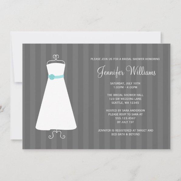 Modern Gray and Teal Gown Stripes Bridal Shower Invitations