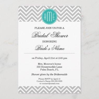 Modern Gray Chevron Mint Monogram - Bridal Shower Invitations