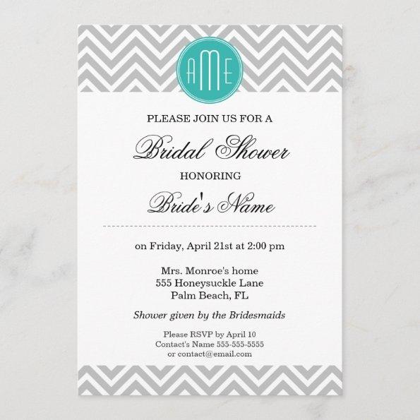 Modern Gray Chevron Mint Monogram - Bridal Shower Invitations
