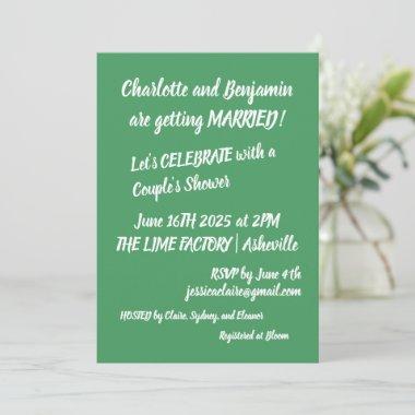 Modern Green Brush Lettering Trendy Couples Shower Invitations
