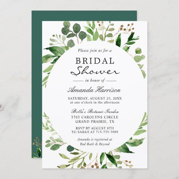 Modern Green Leaves Foliage Frame Bridal Shower Invitations