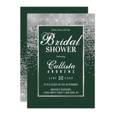 Modern Green Silver Glitter Confetti Bridal Shower Invitations