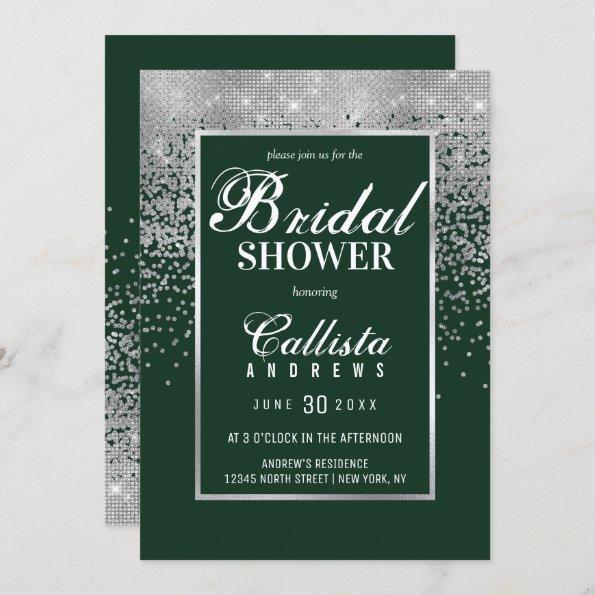 Modern Green Silver Glitter Confetti Bridal Shower Invitations