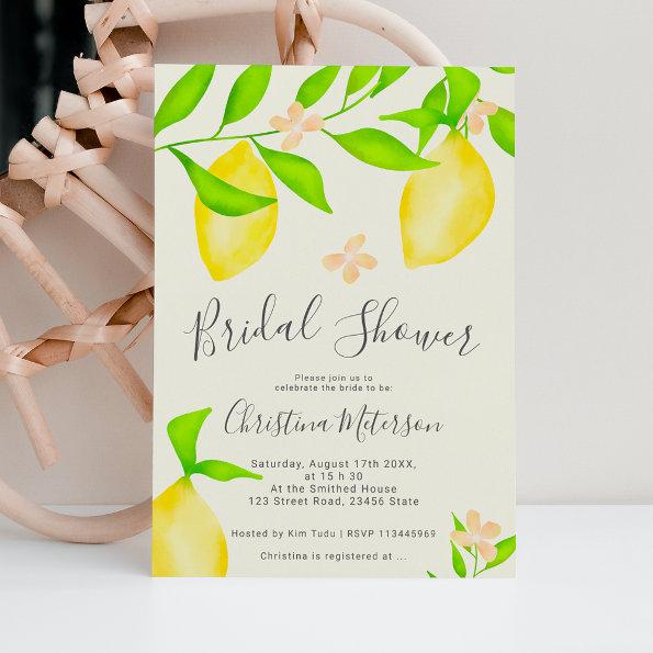 Modern green yellow lemon watercolor bridal shower Invitations