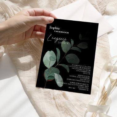 Modern Greenery Black Bridal Lingerie Shower Invitations