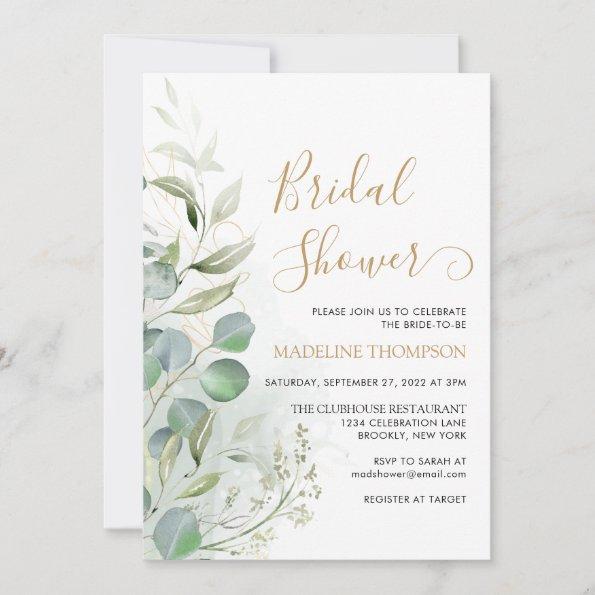 Modern Greenery Eucalyptus Gold Bridal Shower Invitations