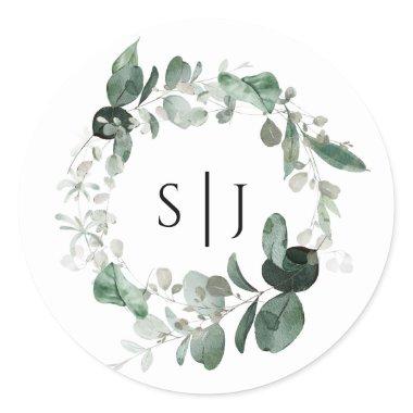 Modern Greenery White Monogram Wedding Sticker