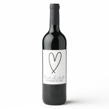 Modern Heart Black & White Minimal Wedding Wine Label