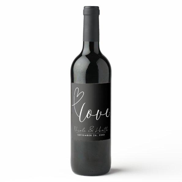 Modern Hearts Black & White Love Minimal Wedding Wine Label