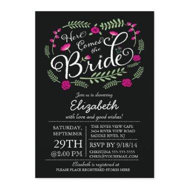 Modern Here Comes The Bride Fuchsia Floral Invitations