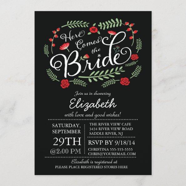 Modern Here Comes The Red Bride Floral Invitations