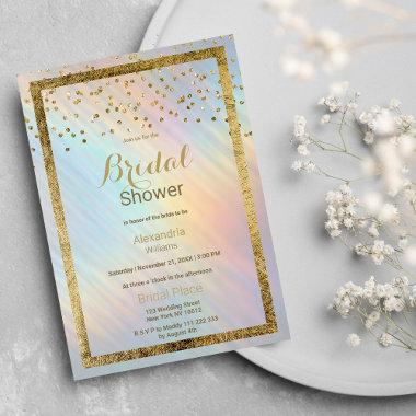 Modern Holographic Gold Confetti Bridal Shower Invitations