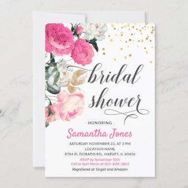 Modern Hot Pink Blush Peony Roses Bridal Shower Invitations