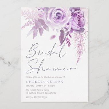 Modern Lavender Floral Bridal Shower Real Silver Foil Invitations