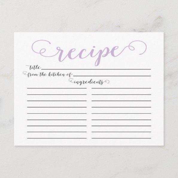 Modern Lavender Script Bridal Shower Recipe Invitations