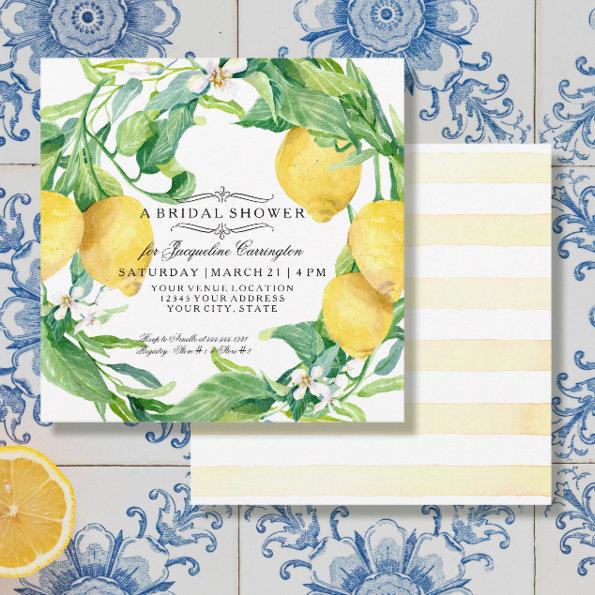 Modern Lemon Floral Flower Wreath Bridal Shower Invitations