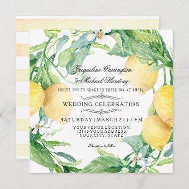 Modern Lemon Floral Flower Wreath Citrus Wedding Invitations