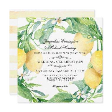 Modern Lemon Floral Flower Wreath Citrus Wedding Invitations