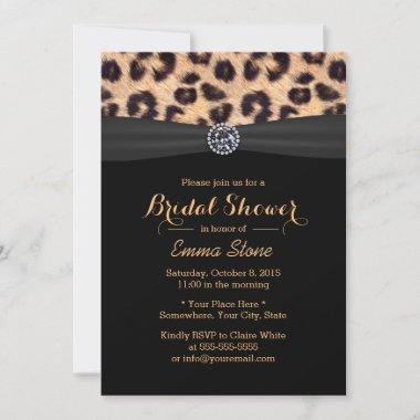 Modern Leopard Black Ribbon Diamond Bridal Shower Invitations