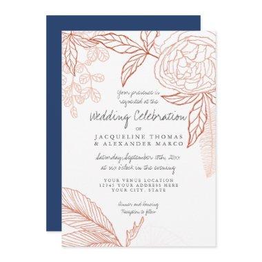 Modern Line Art Floral Peony Navy Orange Leaf