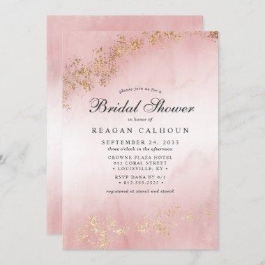 Modern Luxe Gold Flecks Blush Pink Bridal Shower Invitations