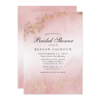 Modern Luxe Gold Flecks Blush Pink Bridal Shower Invitations