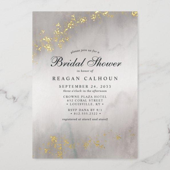 Modern Luxe Gold Flecks Gray Mist Bridal Shower Foil Invitations