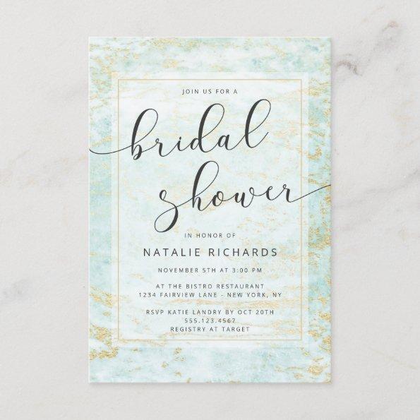 Modern Marbles in Ocean with Gold Bridal Shower Invitations