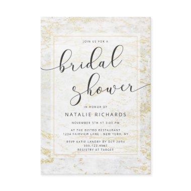 Modern Marbles in White with Gold Bridal Shower Invitations